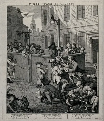 A street scene in which a dog is maltreated; a young man intervenes by offering his food to the miscreants