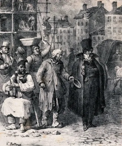 A street scene with building work going on: an old man holds his cap out to a well-dressed man who refuses to help him