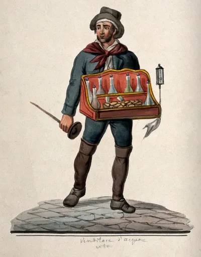 A street vendor of brandy is carrying a tray with bottles and glasses in it