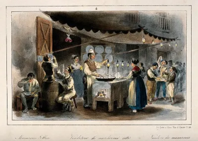 A street vendor's stall in Naples where macaroni is being cooked, and customers are eating the produce while standing and sitting in the street