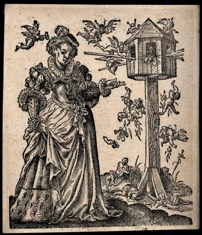 A sumptuously dressed lady gestures towards a mid-air battle between winged fools; small injured figures fall from a bird-house like edifice