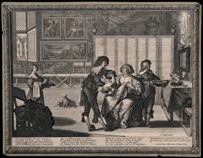 A surgeon about to let blood from a woman patient in a richly furnished room