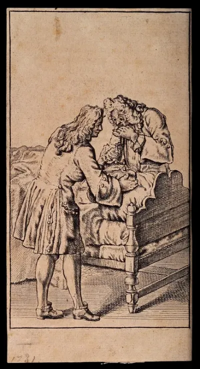 A surgeon and his assistant operating on a patient's head and using a drill to perform the trephination