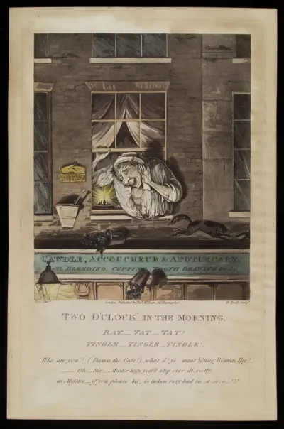 A surgeon-apothecary shouts back from an open window at a request for a night-visit to a patient, sending pot plants and a cat flying