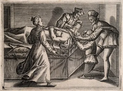 A surgeon bleeding a man's head, he is aided by two assistants, a woman (the patient's wife ?) appears anxious