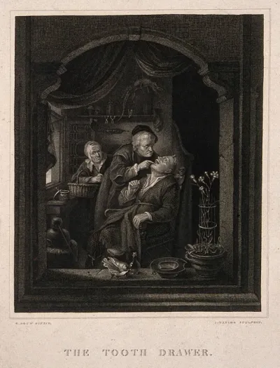 A surgeon extracting a tooth from a patient, while the latter's concerned wife stands in the background