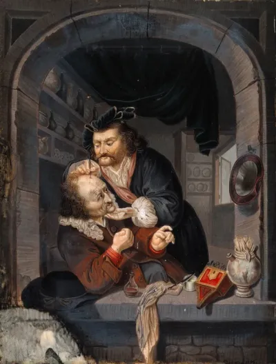 A surgeon in his workroom extracting stones from a man's head; symbolising the expulsion of 'folly' (insanity)