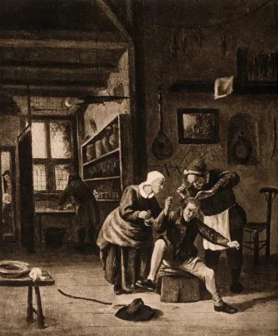 A surgeon in his workroom extracting stones from a patients head; symbolising the expulsion of 'folly' (insanity)