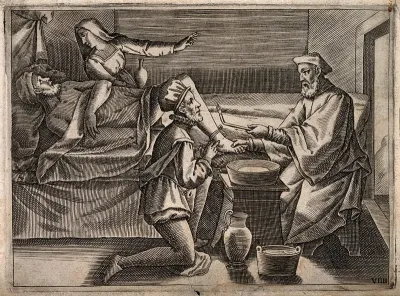 A surgeon instructing a younger surgeon how to bleed a male patient's foot, a woman is comforting the patient