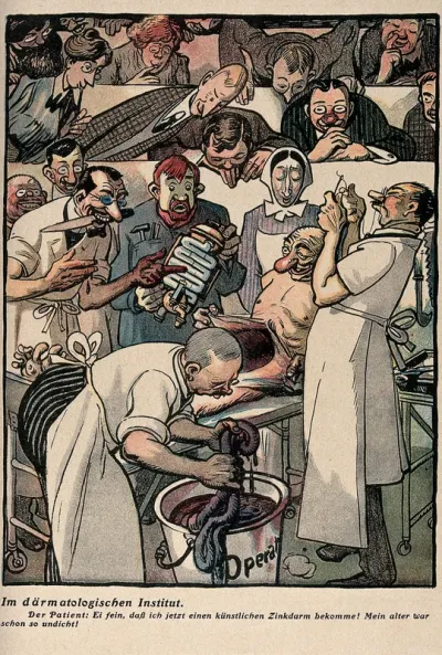 A surgeon is about to implant mechanical intestines in a patient in an operating theatre attended by a crowd of onlookers