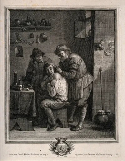A surgeon lancing a grimacing man's shoulder