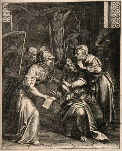 A surgeon operates on the eye of an immoral old man, while the efforts of Time and Minerva to cure his inner corruption are rebuffed