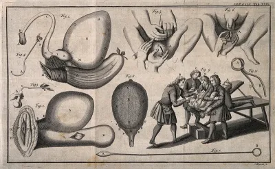A surgeon performing a lithotomy on a patient who is being restrained by three assistants, with five other anatomical illustrations