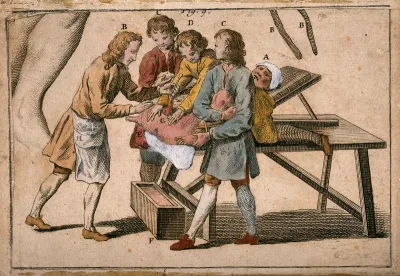 A surgeon performing a lithotomy on a patient who is being restrained by three assistants