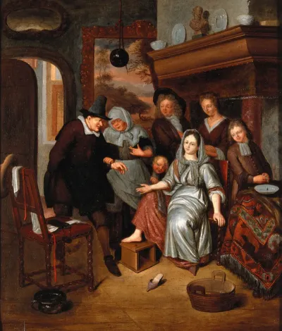 A surgeon preparing to let blood from the foot of a girl, in the presence of five other figures