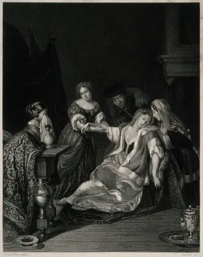 A surgeon tending a woman who has just fainted after bloodletting; she is supported by female members of her family