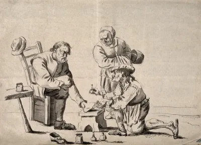A surgeon treating an elderly man's foot, his wife observes the scene