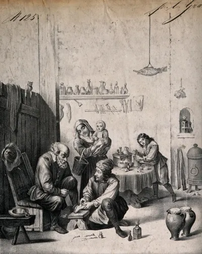 A surgeon treating an elderly man's foot, in the background an assistant is mixing a concoction with a pestle and mortar