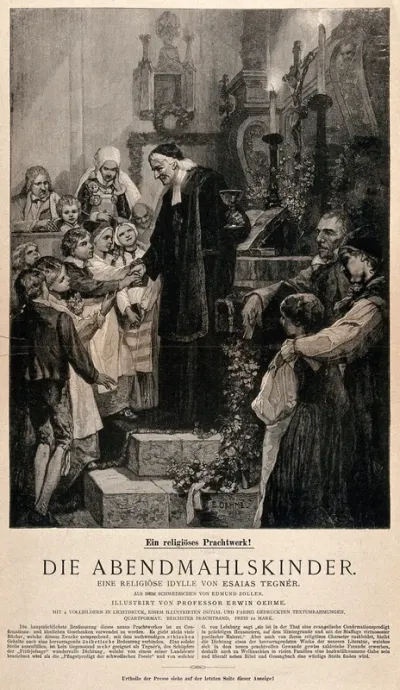 A Swedish clergyman showing the chalice to children at their first communion