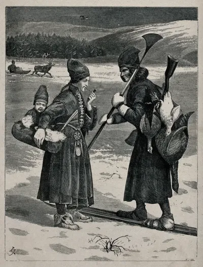 A Swedish Lappish (Sámi) woman holding her child and smoking a pipe, and a man on skis carrying game