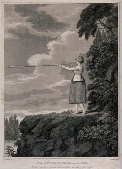 A Swedish woman standing on the edge of a cliff, blowing on a long pipe