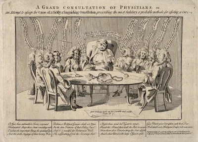 A swollen lethargic patient with ten physicians seated around a table on which are axes and a halter; symbolising England's government and the need for reform