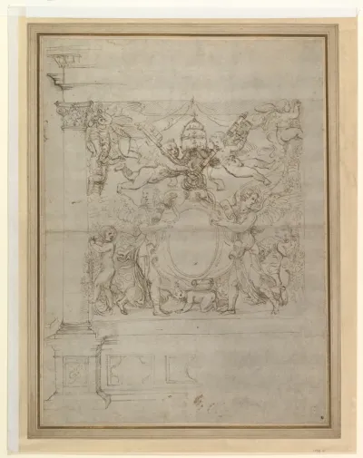 A Tabernacle Containing a Papal Escutcheon Supported by Angels