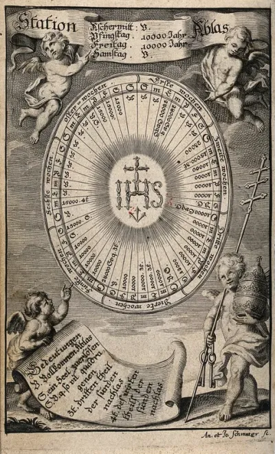 A table of conceded years of Indulgence for the period of the Passion, surrounding the monogram of Jesus and surrounded by little angels, one of whom carries the attributes of the papacy