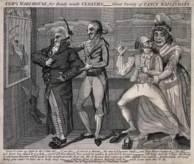 A tailor and his wife are assisting two men into suits of clothing, although the clothes are ill-fitting
