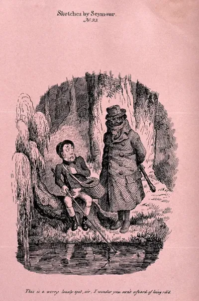 A tailor fishing on a river bank is cowering away from a man with a large cosh hidden behind his back, who robs him of his hat, coat and boots