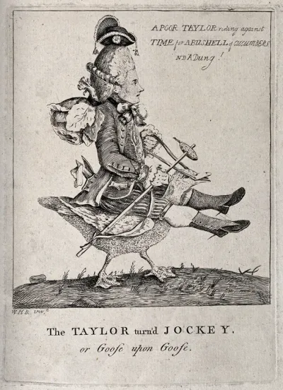 A tailor riding on the back of a goose; representing an exploited worker