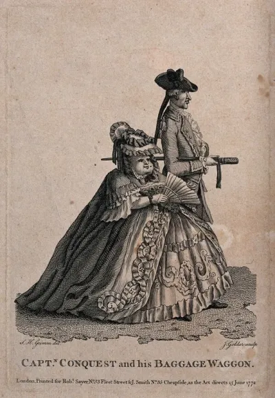 A tall thin man accompanied by a short fat lady carrying a fan