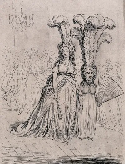 A tall woman wears short feathers in her headdress and a short woman wears tall feathers in hers