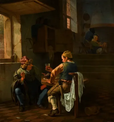 A tavern scene with peasants smoking and drinking