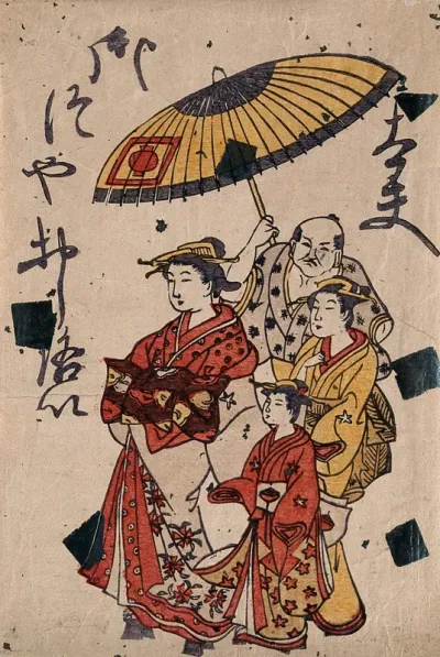 A tayu (elite courtesan) on parade with her two kamuro (child attendants): a male attendant shields them with a parasol