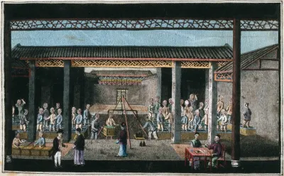 A tea plantation in China: tea is shown being weighed, while workers tread down congou tea into chests and a man in Western dress converses with a senior plantation worker