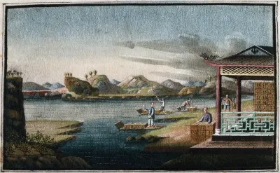 A tea plantation in China: workers load boxes of tea for export onto rafts