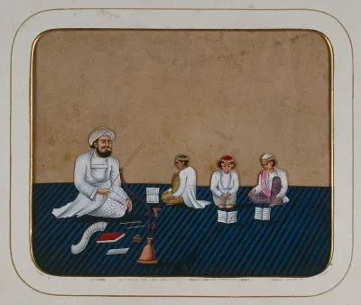 A teacher sitting on the carpet with a hookah pipe and some books teaching three children