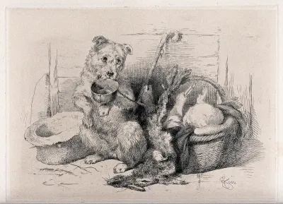 A terrier sits on its hind legs holding a bowl in its mouth and with front paws raised