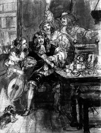 A terrified man realizing he has just contracted the plague, surrounded by a group of people