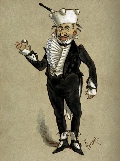 A theatrical figure in a tuxedo supporting a pestle and mortar as a hat and holding a large pill