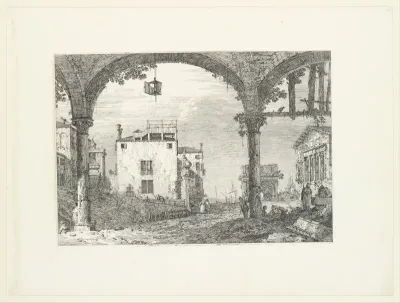 A three-arched portico with an open lantern hanging at center, a triumphal arch and ruins of a classical temple in the background, from "Views" (Vedute altre prese da i luoghi altre ideate da Antonio Canal)