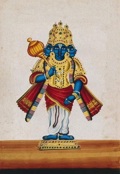 A three-headed, blue-skinned statue of an Indian deity (Vishnu ?), holding a mace