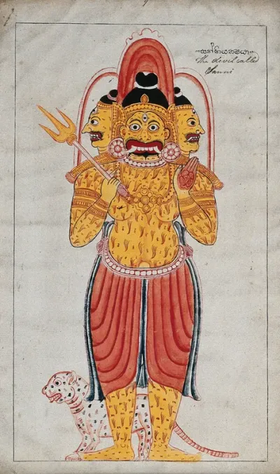 A three headed Sinhalese devil called Sanni standing before a leopard (?) and holding a trident
