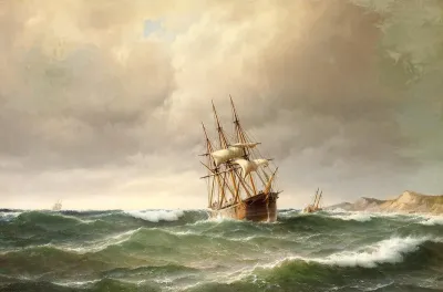 A three-masted sailing ship in a storm.