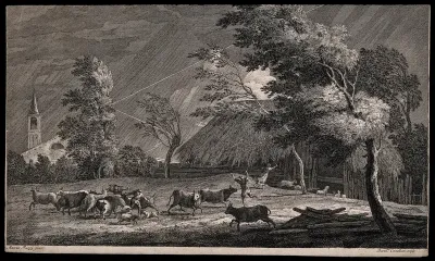 A thunder storm approaching a farm, the workers moving the animals into shelter