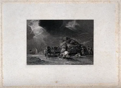 A thunderstorm, with rain beating down on travellers in a mountain pass