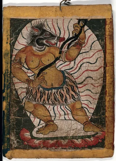A Tibetan demon with a boar's head, pulling a black rope (?)