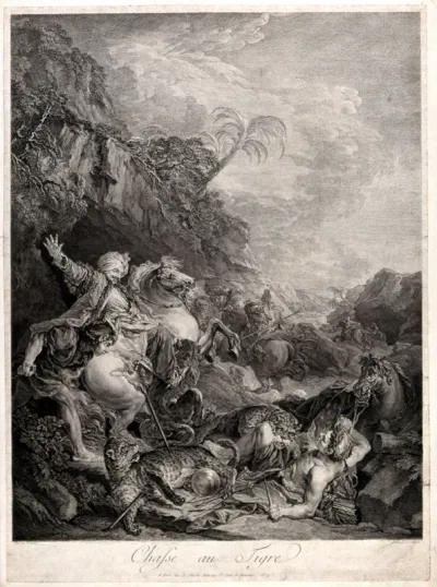 A tiger hunt, showing a dismounted hunter being set-upon by tigers (or leopards?), while his fellow exotically-dressed hunters look on in horror