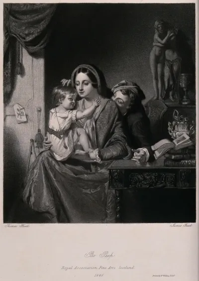 A tight-knit family group with the father playing a game of "Bo-Peep" with the child over the mother's shoulder